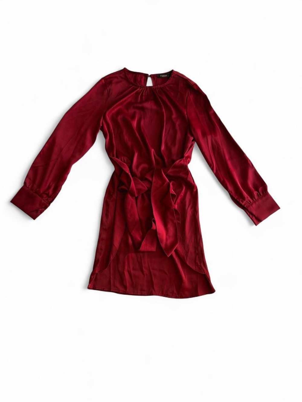 Red Satin Long Sleeve Front Tie Keyhole Mini Dress Size Small